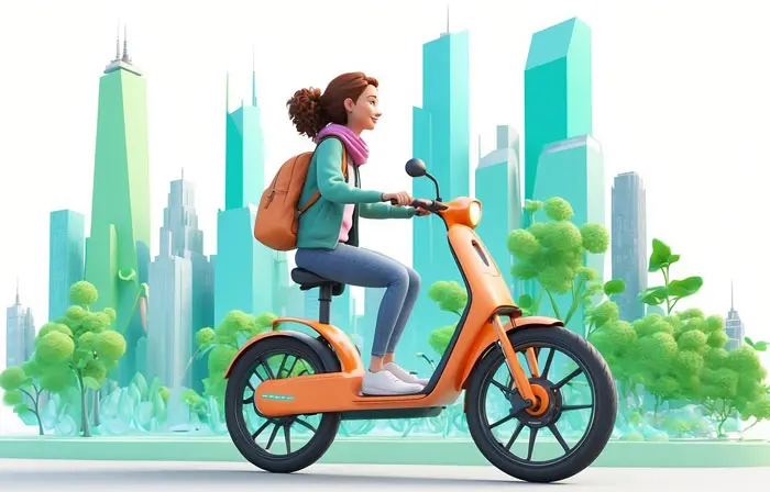 Girl Riding Scooter Cartoon Style 3D Picture Illustration